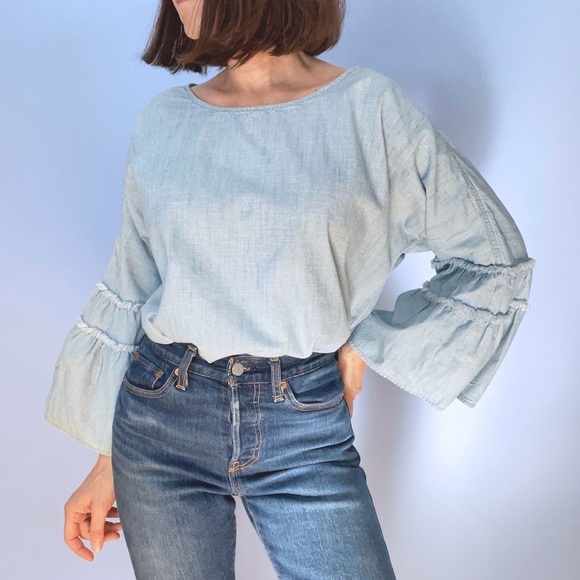 Vince Camuto Chambray Blouse with Ruffled Sleeves - Picture 3 of 5